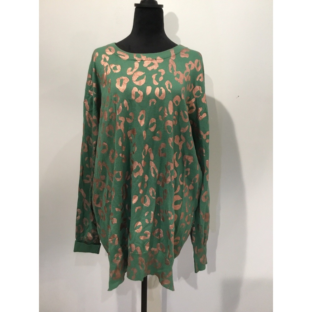Oddy Pullover Sweater Green Bronze Leopard Print 2xl